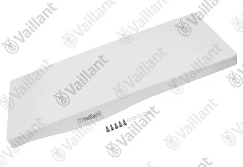 Weiße Abdeckung mit einem glatten Profil, versehen mit dem Logo der Marke Vaillant, neben Schrauben und Unterlegscheiben auf einem hellen Hintergrund.